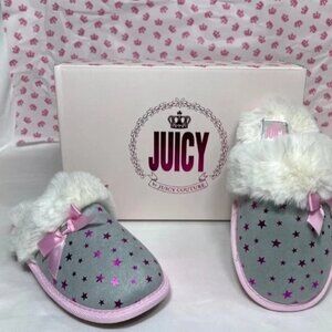NIB Juicy Couture Sonora size 4-5 Girl's Gray & Pink Stars Slide on Slippers